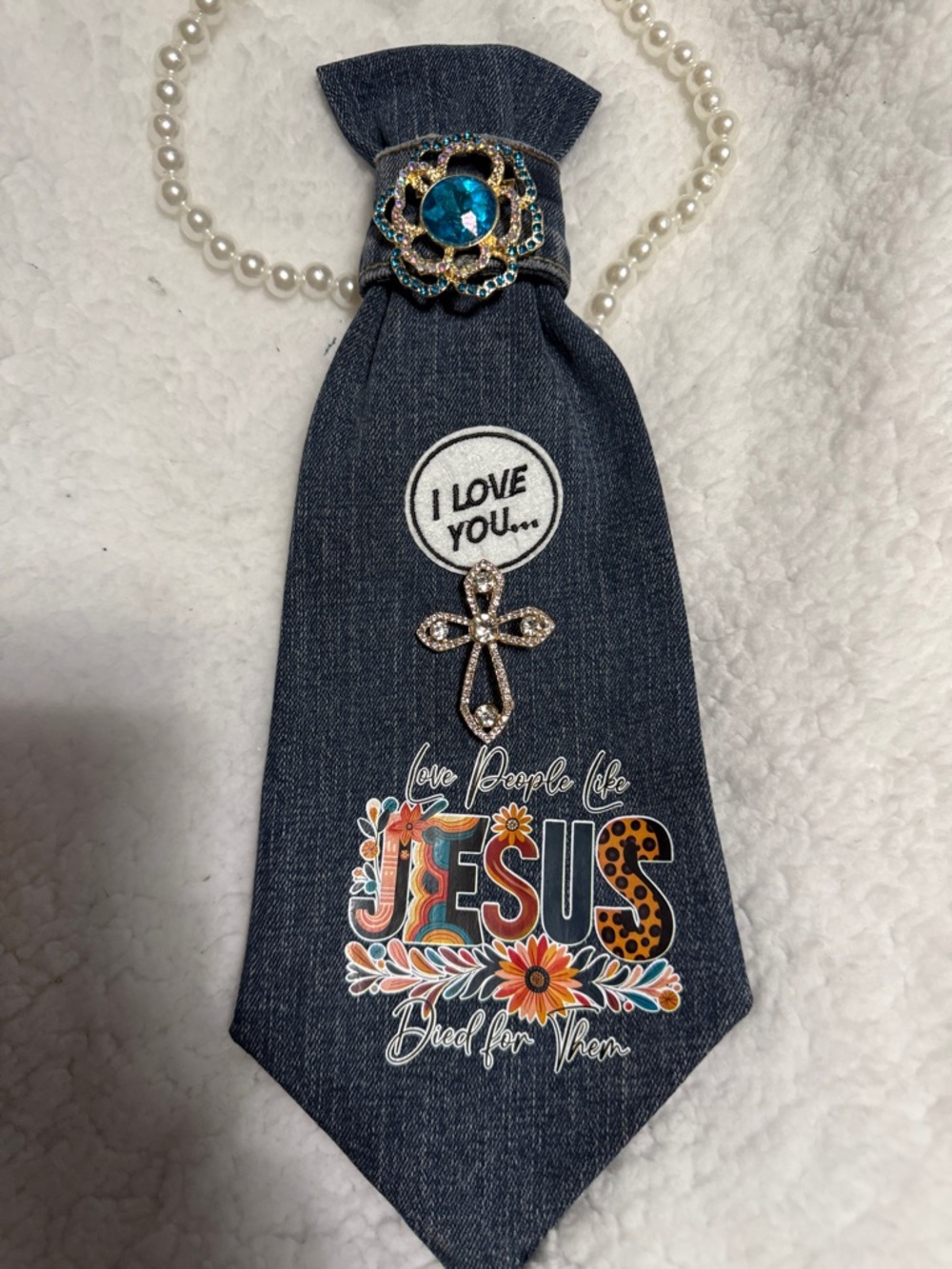 Denim-Look Religious Tie Necklace with Rhinestone Cross & Floral JESUS Graphic
